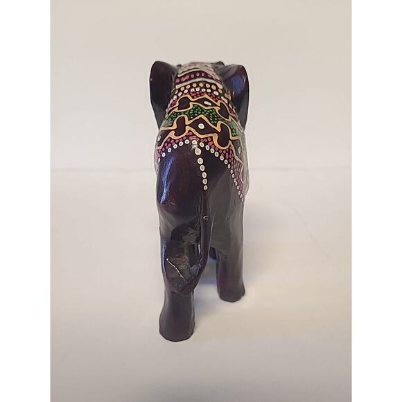 Wooden Indian Painted Elephant Figurine Dark Brown Green Pink Yellow Trunk Down - Picture 4 of 8